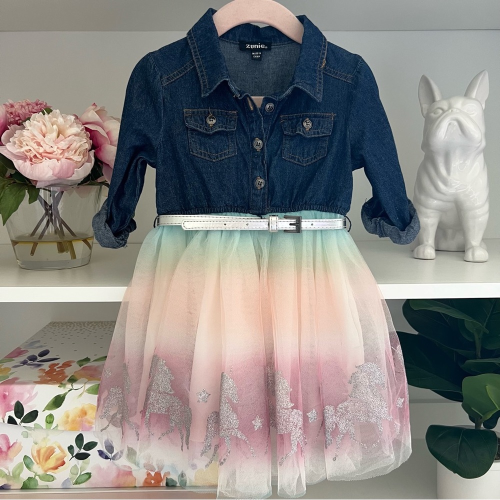 Girls 3T Zunie Denim and Rainbow Tulle Dress with Silver Sparkle Unicorn Detail